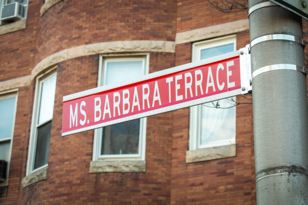 "Ms. Barbara Terrace" ceremonial street sign